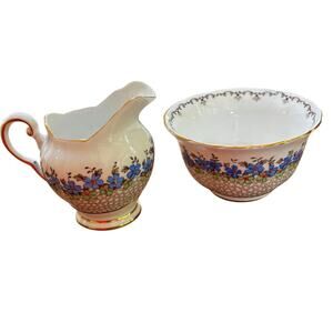 Vintage Tuscan bone china creamer & sugar bowl set blue green floral gold trim